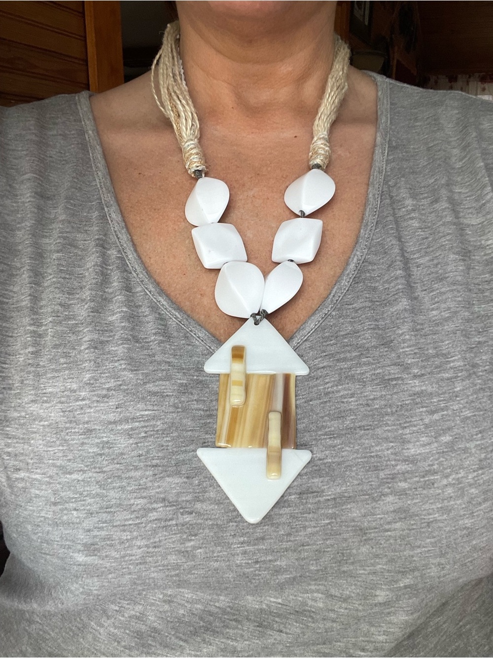 Artisan Mid Century Modern Geometric Statement Necklace w Fiber Cord